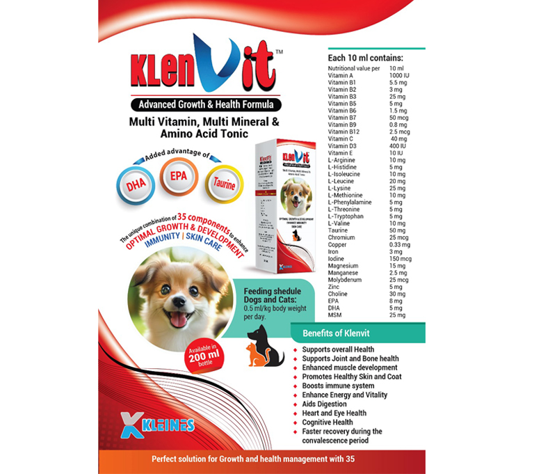 KlenVit pet supplement bottle with DHA, EPA, Taurine, and 35 essential nutrients for dogs and cats' health and growth.